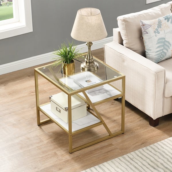 Grondin Mid-Century Modern Glass Wood Side Table with 3-Tier Staggered Shelves Farmhouse End Table with Tempered Glass Top