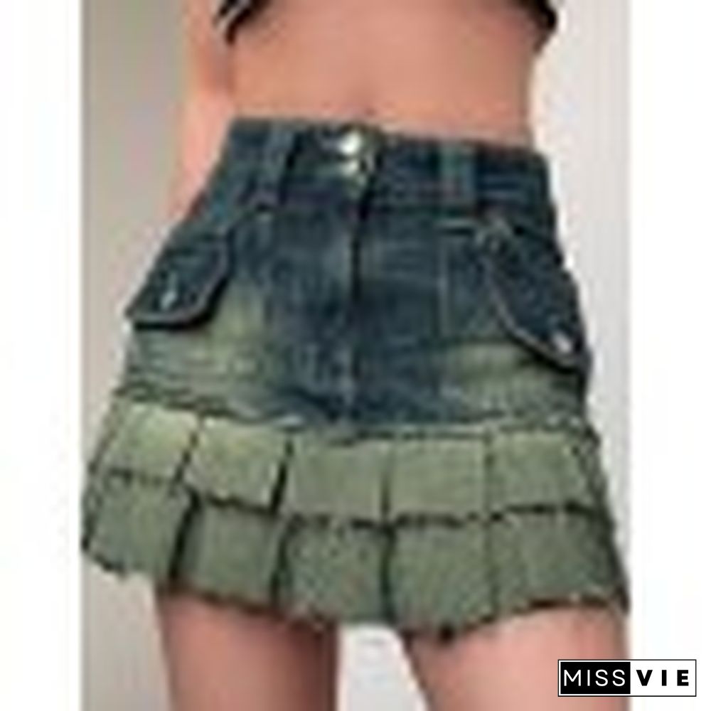 High Waist Colorblock Pleated Denim Mini Skirts