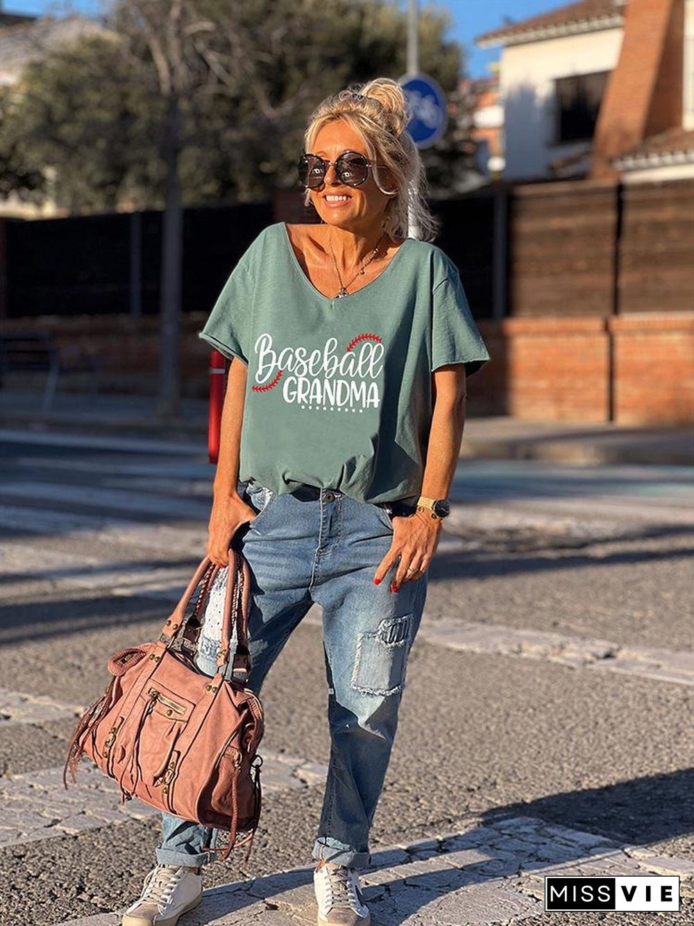 Baseball Grandma Print Loose Leisure T-Shirt