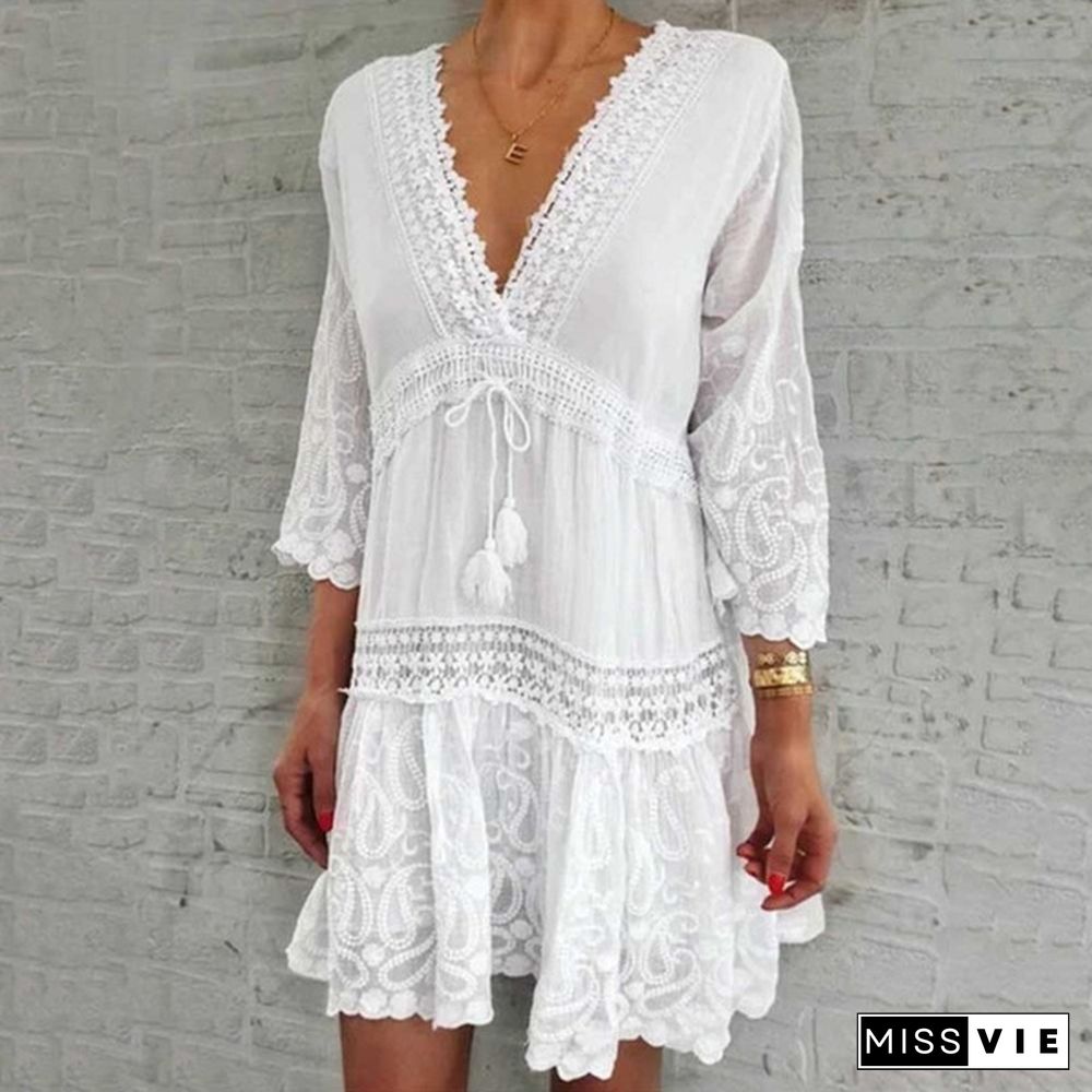 Women Fashion Floral Printed Dress Casual Beach Dress Summer V-Neck Lace Dress Sexy Party Dress 3/4 Sleeve Boho Dress