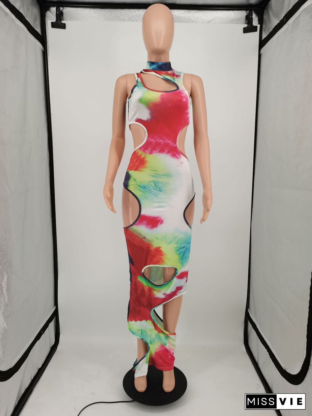 Summer Sexy Women Tie Dye Print Sleeveless Hollow Out Bodycon Club Party Maxi Dress