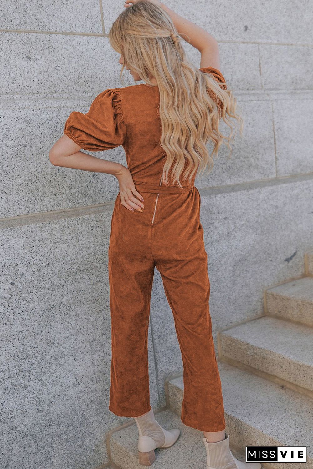 Brown Tie Knot Puff Sleeve Straight Leg High Rise Jumpsuit