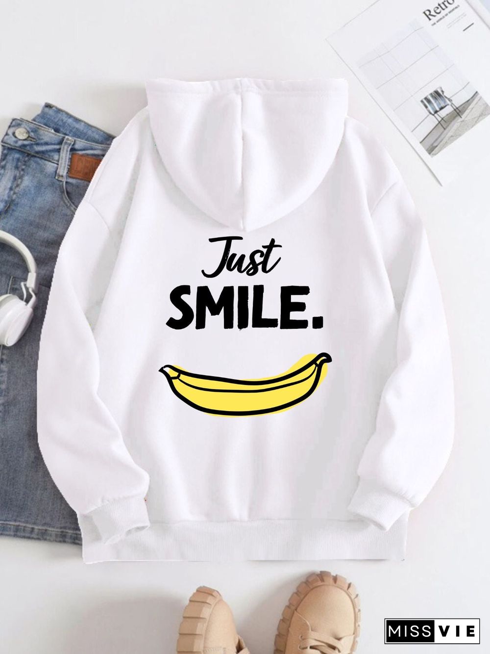 Printed on the Back Kangaroo Pocket Hoodie Long Sleeve for Women Pattern Just Smile