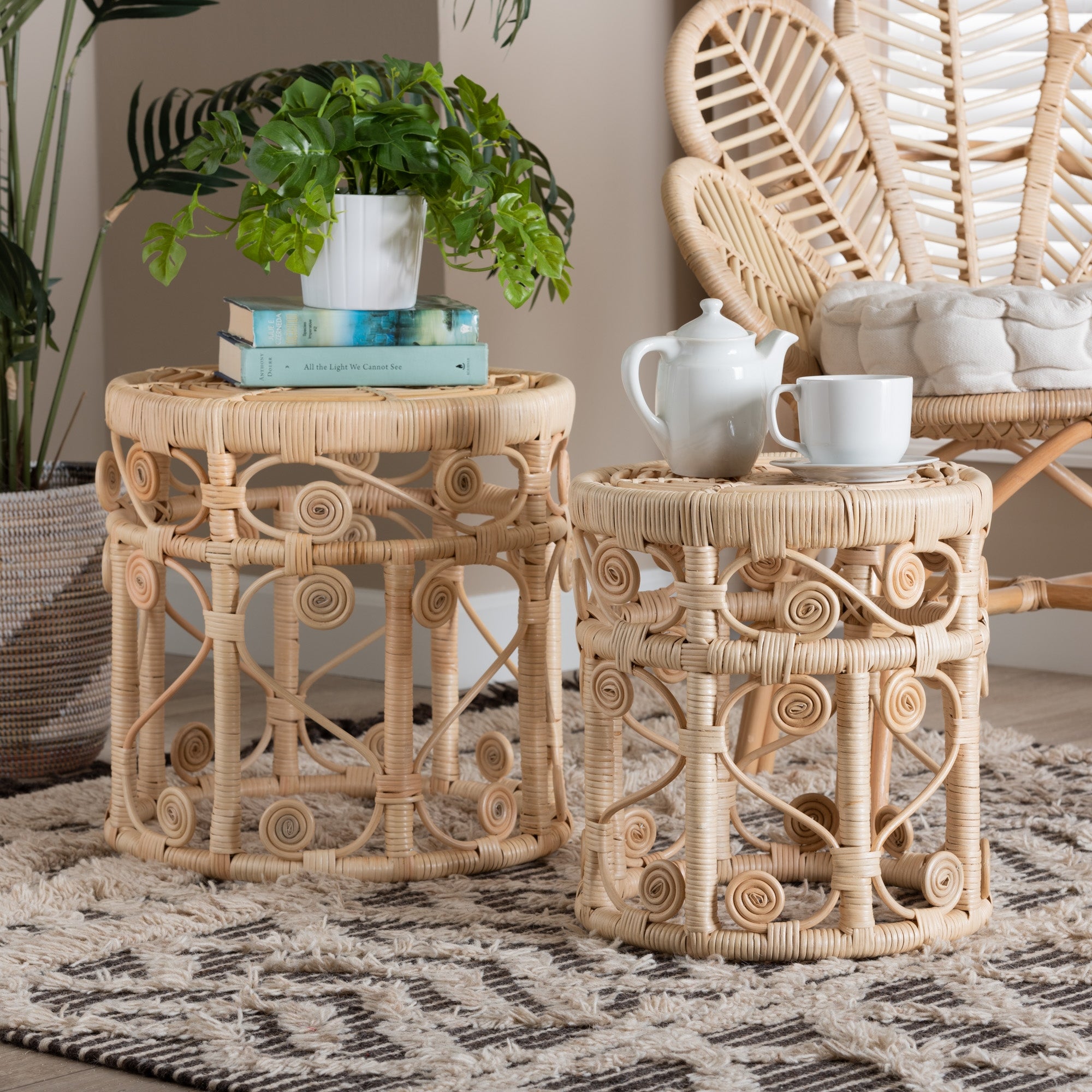 Bowie Modern Bohemian Natural Brown Rattan 2-Piece Nesting End Table Set