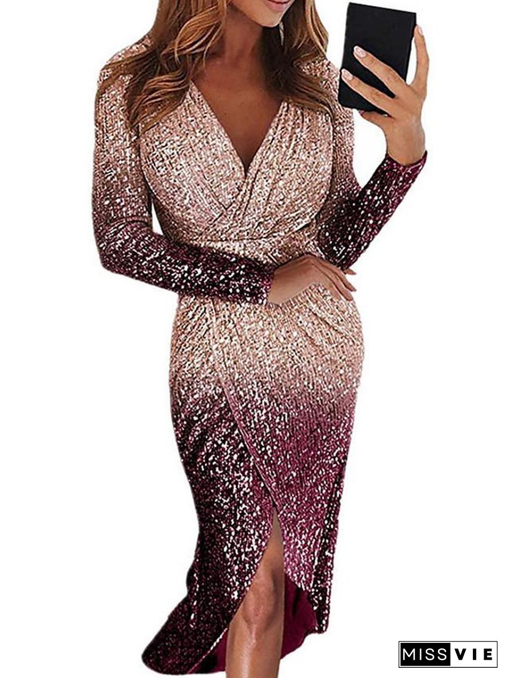 Women's Bodycon Long Sleeve Color Gradient Color Block Sequins Asymmetric Elegant Sexy Black Blue Purple Red Yellow Blushing Pink Gold Silver S M L XL XXL