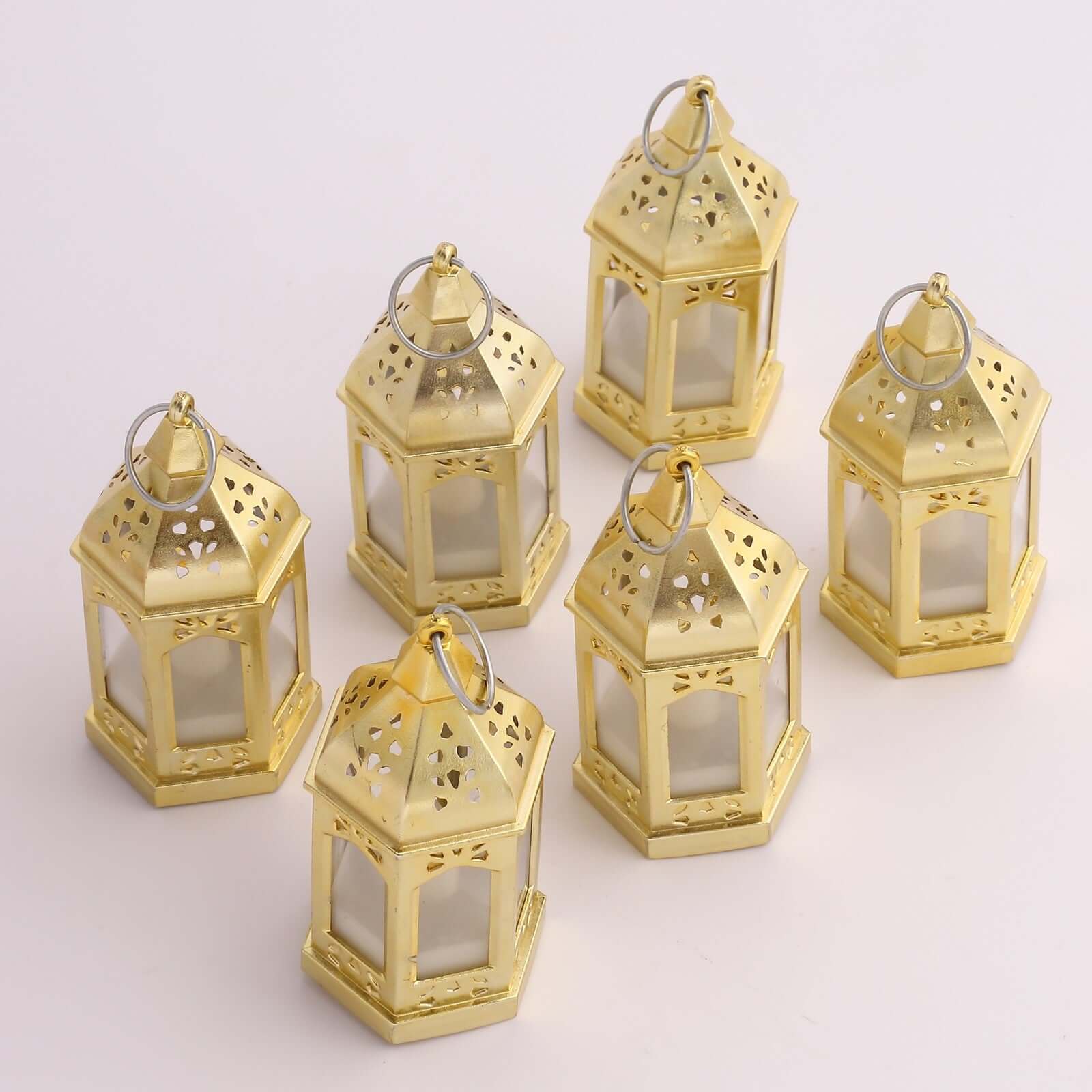 6 Pack Gold Vintage Mini Lantern with Flickering LED Tealight Candles, Moroccan Style Battery Operated Warm White Candle Lantern Lamp Centerpieces - 3.5