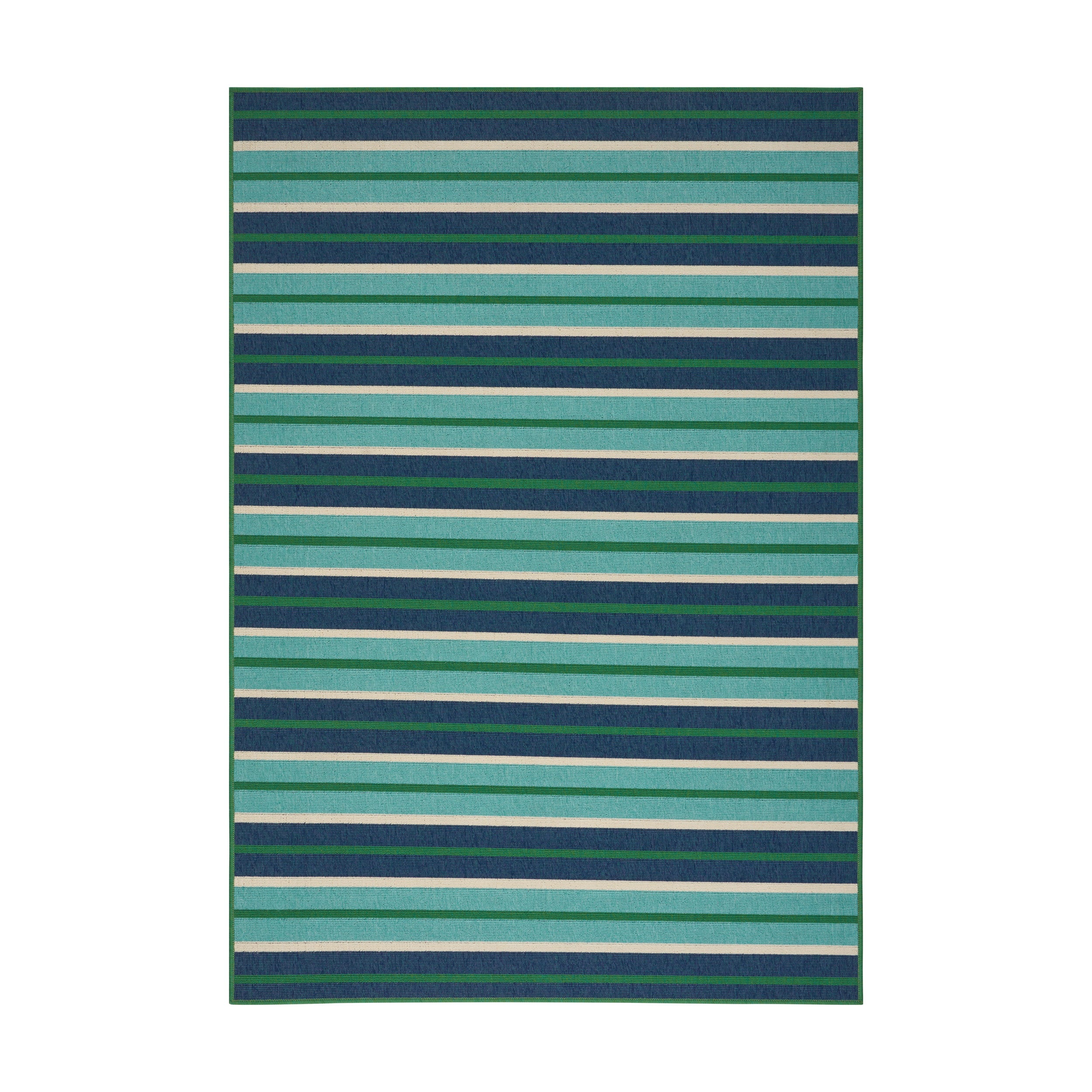 Khaidyn Outdoor Modern Striped Blue and Green Rectangular Area Rug