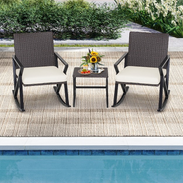 Costway 3pcs Patio Rattan Wicker Rocking Chairs Table Bistro Set Cushioned Rocker Garden