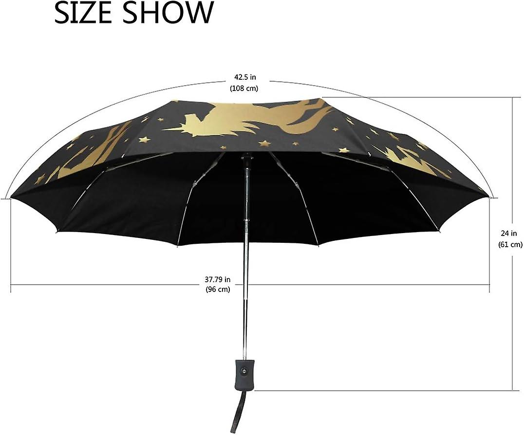 Travel Umbrella Automatic Windproof Foldable Umbrella Golden Unicorn Silhouette