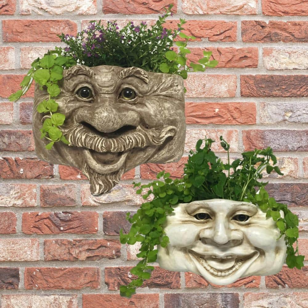 HOMESTYLES Muggly s 2-Piece Uncle Nate Stone Wash and Aunt Minnie Ant. 10.5 in. White Resin Patio Wall Planter 39547B/39645B