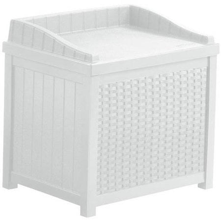 Suncast Outdoor 22 Gallon Resin and Wicker Deck Box with Seat, White