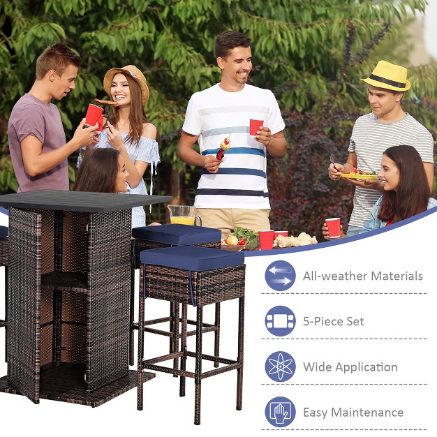 Costway 5pcs Patio Rattan Bar Table Stool Set Hidden Storage Shelf Cushioned