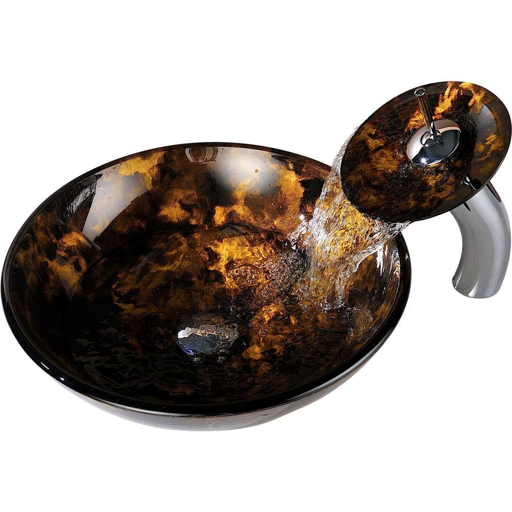 ANZZI Toa Deco-Glass Vessel Sink in Kindled Amber with Matching Chrome Waterfall Faucet LS-AZ8102