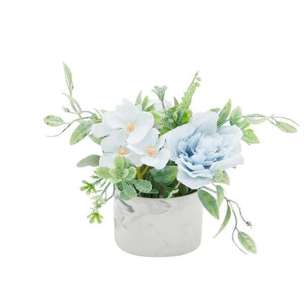 Faux Hydrangea Flowers and Ceramic Planter with Stand，Artificial Potted Plants