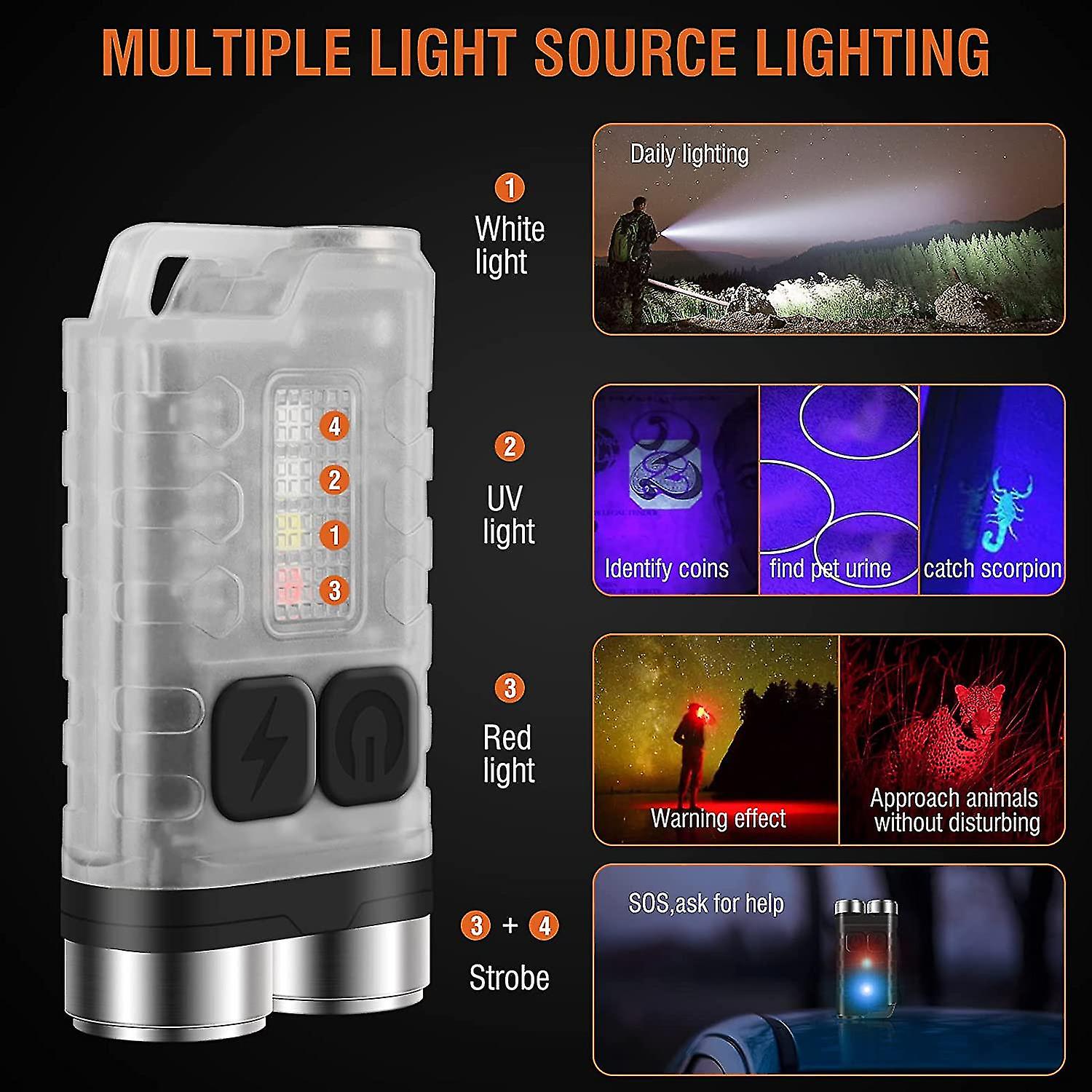 V3 S Ful Led 900lm With Red Uv - Mini Pocket Keychain Recharable Es 10 Modes， Usb-c， Ip65 Mag