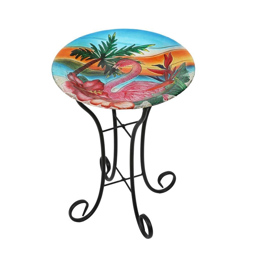 Luxen Home Flamingo Glass Bird Bath with Metal Stand WHP1520