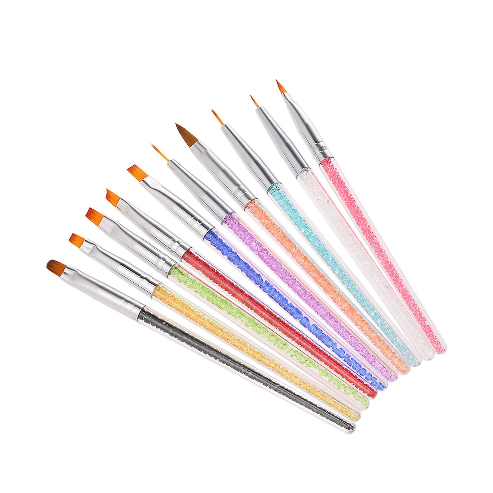 10pcs Acrylic Nail Brushes Professional Nail Tools Uv Gel 3d Nail Art Design Painting Drawing Liner Pen Set With Acrylic Rhinestone Handle