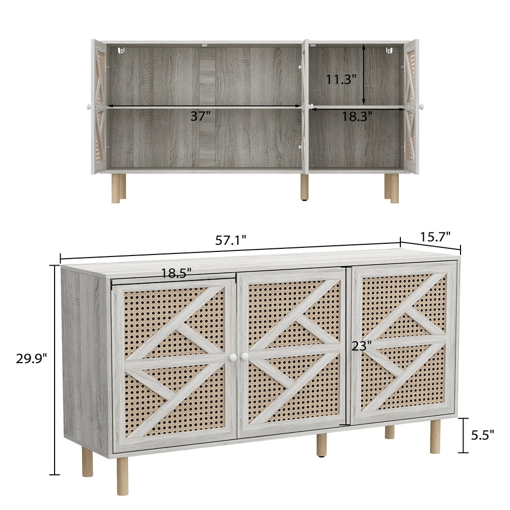 Gray Wood Rattan Console Table w/Adjustable Shelves Buffet Sideboard   57.1\