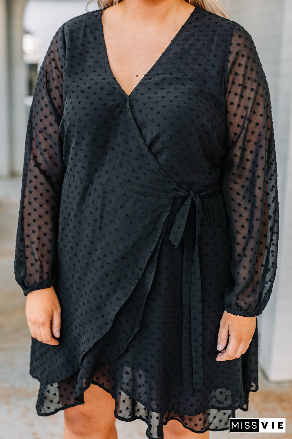 Black Plus Size Swiss Dot V Neck Wrap Long Sleeve Dress