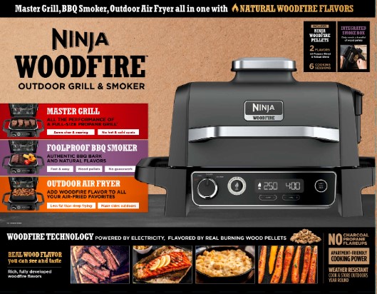 Ninja Woodfire Outdoor Grill and Smoker， 3-in-1 Master Grill， BBQ Smoker， and Outdoor Air Fryer with Woodfire Technology， OG700