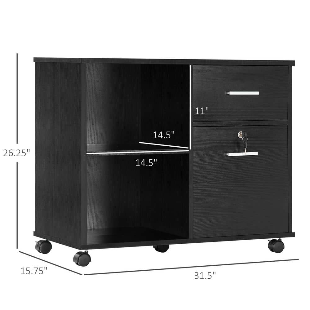 Vinsetto Black Lateral File Cabinet with Wheels, Mobile Printer Stand with Open Shelves and Drawers 924-039BK