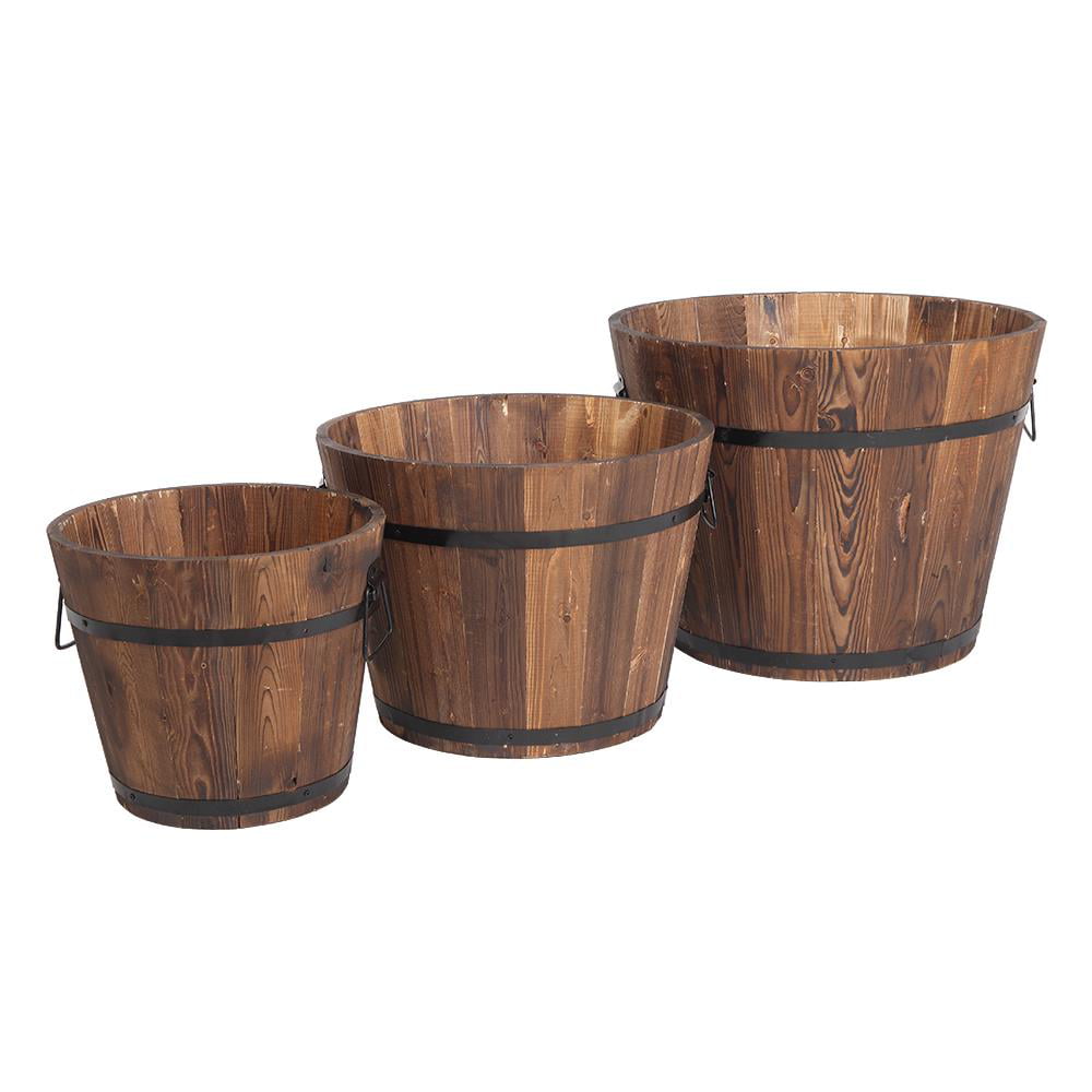 Ktaxon Wooden Bucket Barrel Planters Flower Pots for Plants Garden Outdoor Indoor Decor, Set of 3