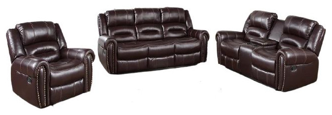 Haarlem 3 Piece Air Leather Reclining Sofa Set Upholstered  Dark Brown   Contemporary   Living Room Furniture Sets   by Hollywood Decor  Houzz