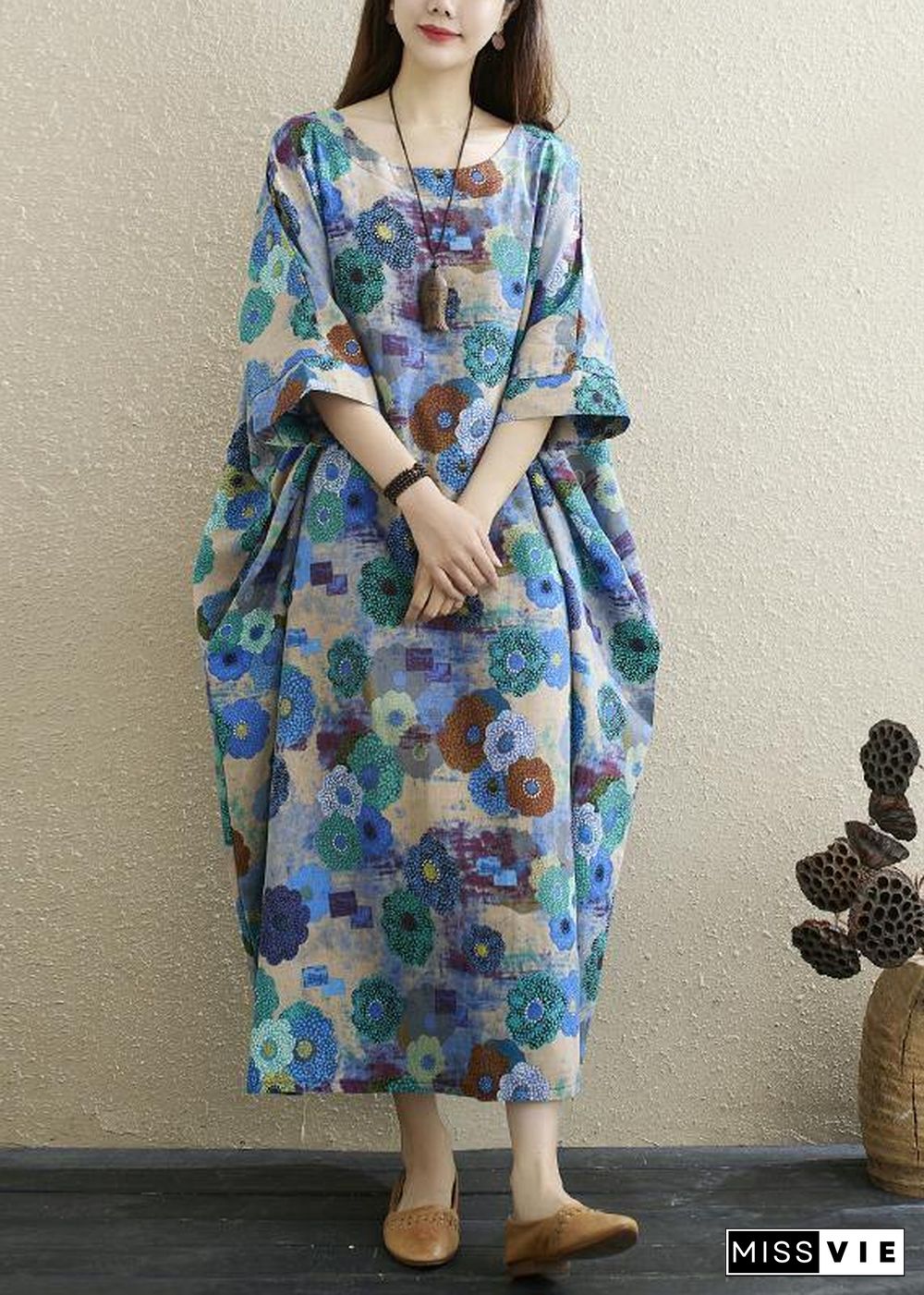 Boutique Print Batwing Sleeve Pocket Summer Cotton Dress