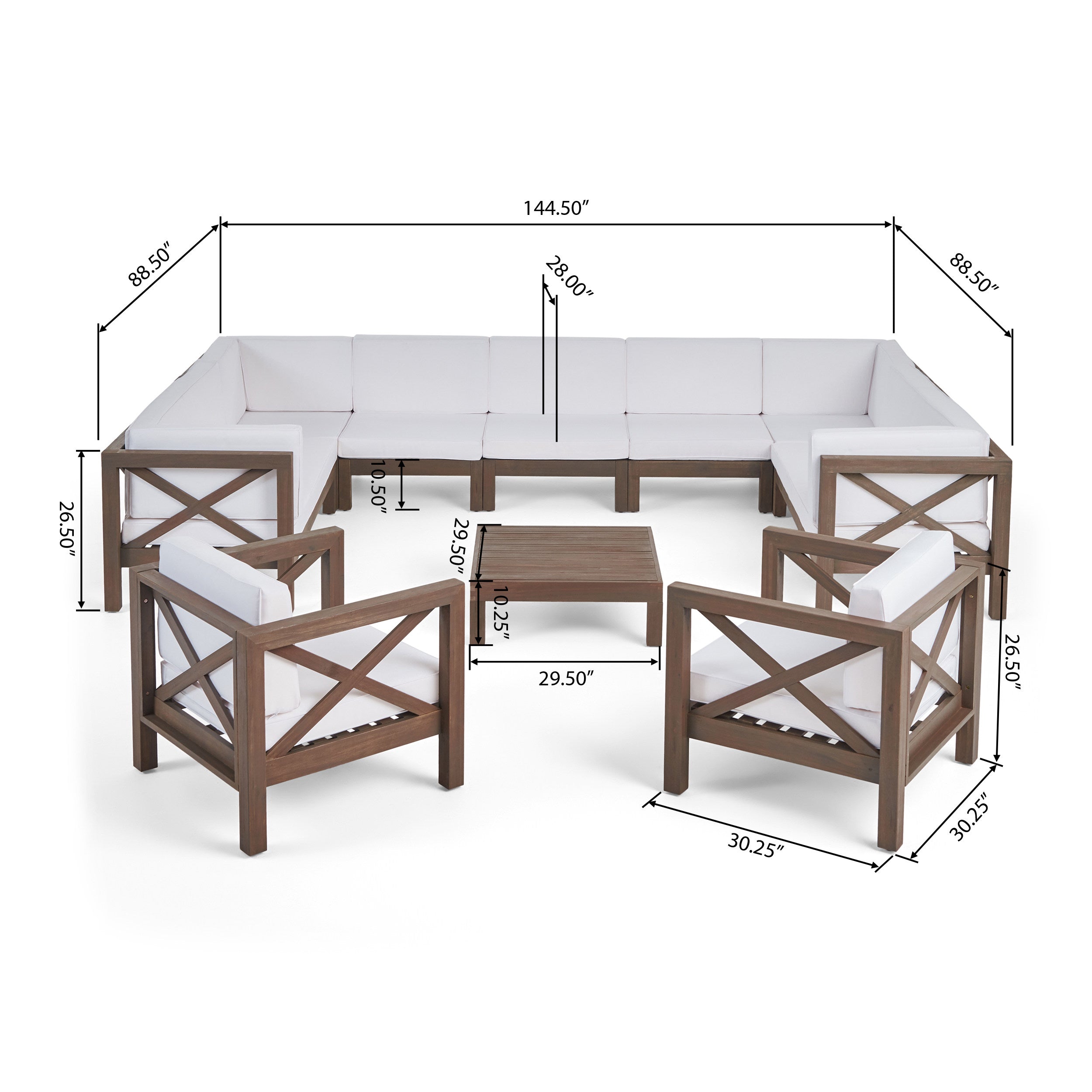 Isabella Outdoor 11 Seater Acacia Wood Sectional Sofa and Club Chair Set