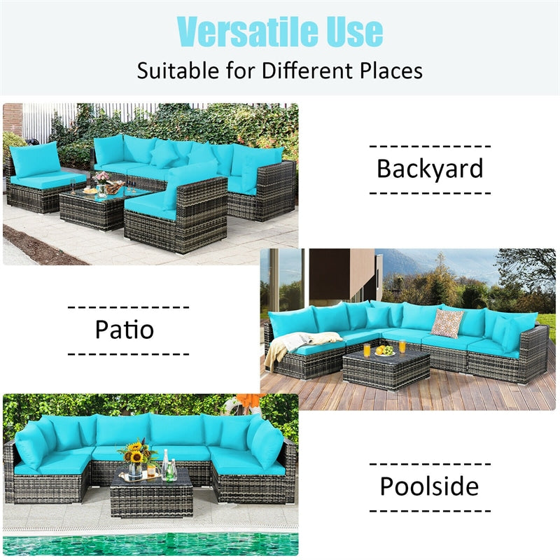 7 Pcs Rattan Patio Sectional Couch Set Outdoor Wicker Furniture Set with Cushions & Coffee Table