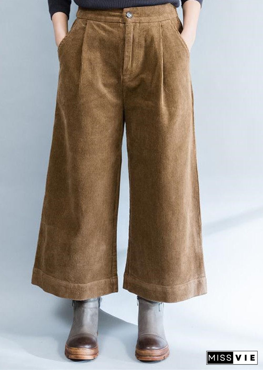 brown stylish warm cotton corduroy wide leg pants vintage casual trousers