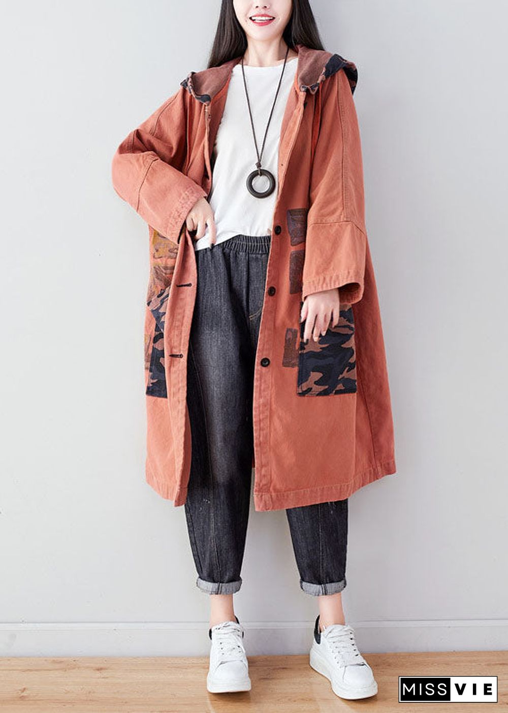 Orange Pockets Patchwork Print Cotton Hoodie Coat Spring