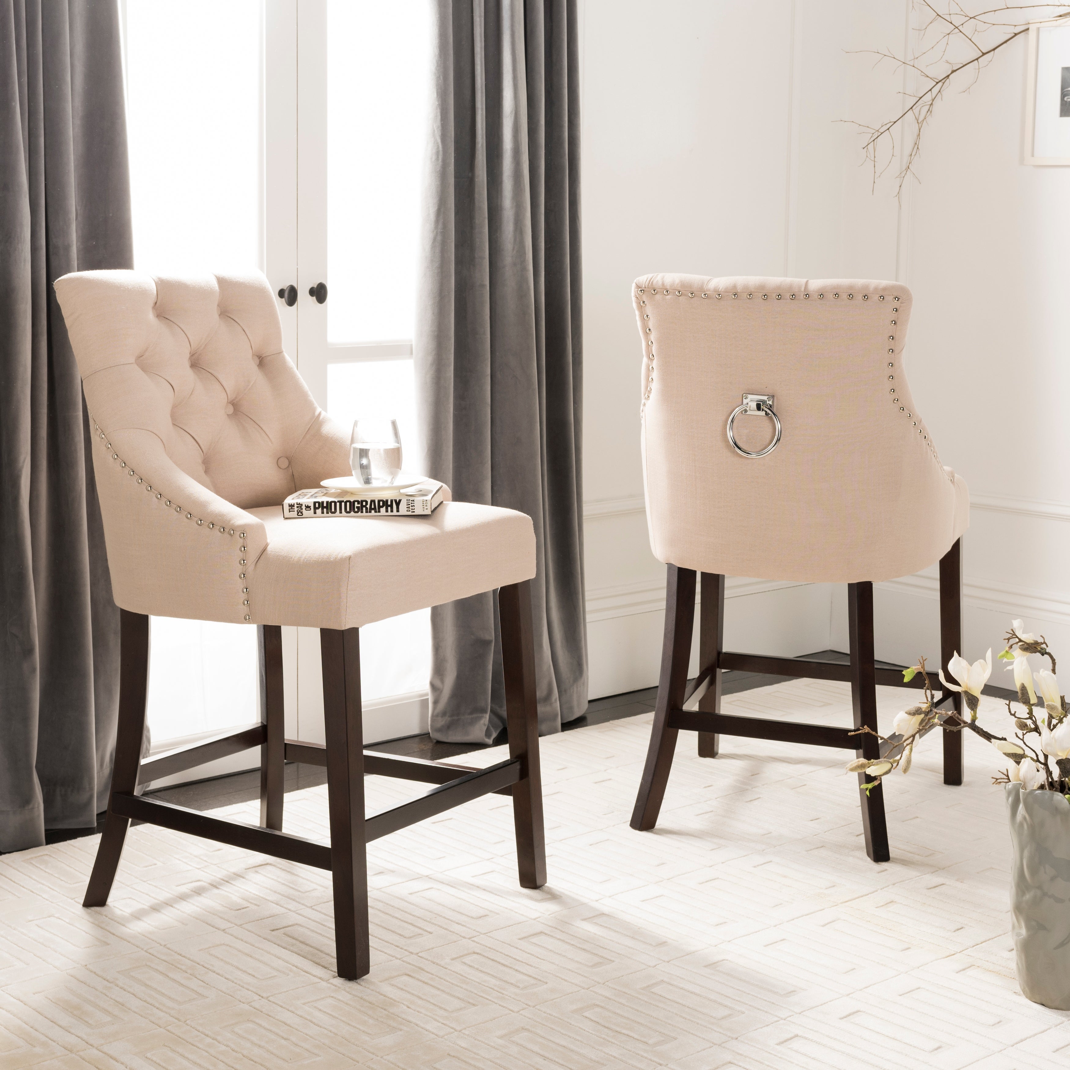 SAFAVIEH 26- Inch Eleni Beige/ Espresso Tufted Counter Stool (Set of 2) - 22.5