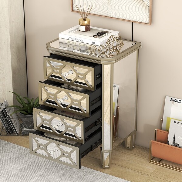 Elegant Mirrored 4-Drawer Chest with Golden Lines Storage Cabinet - - 37857305