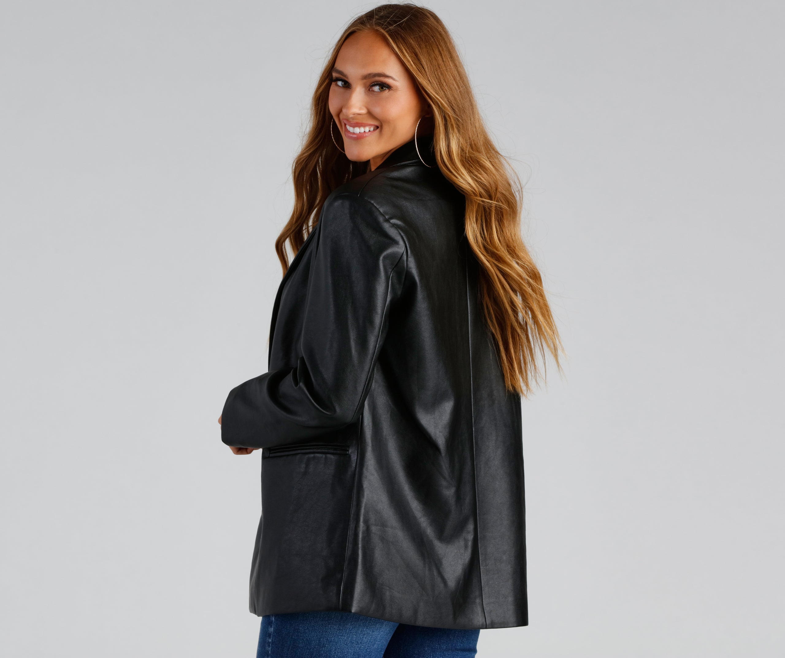 Trendy Oversized Faux Leather Blazer