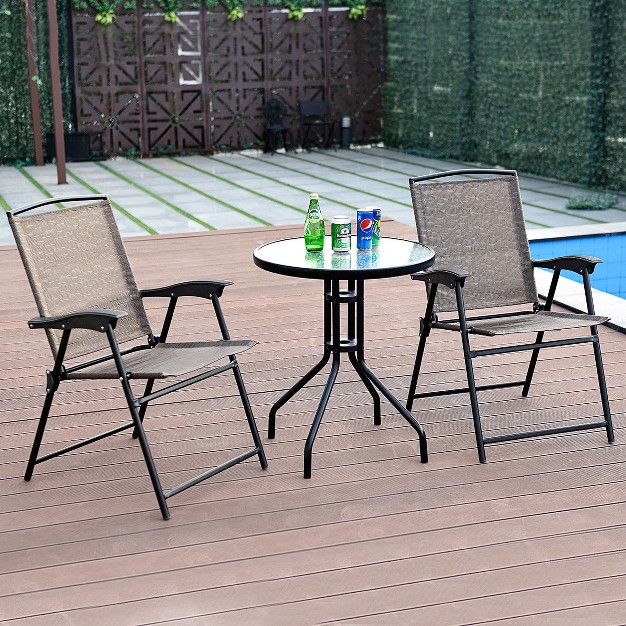 Costway 3pc Bistro Patio Garden Furniture Set 2 Folding Chairs Glass Table Top Steel