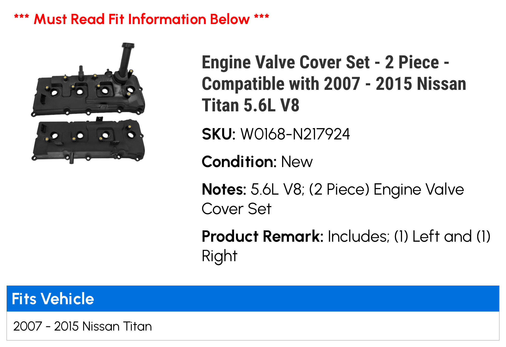 Engine Valve Cover Set - 2 Piece - Compatible with 2007 - 2015 Nissan Titan 5.6L V8 2008 2009 2010 2011 2012 2013 2014