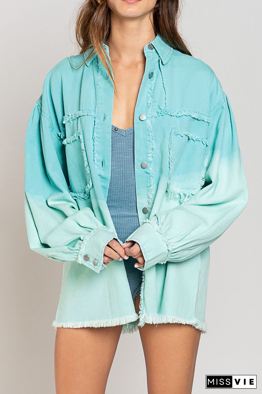 Gradient Color Pocket Tassel Open Button Denim Jackets