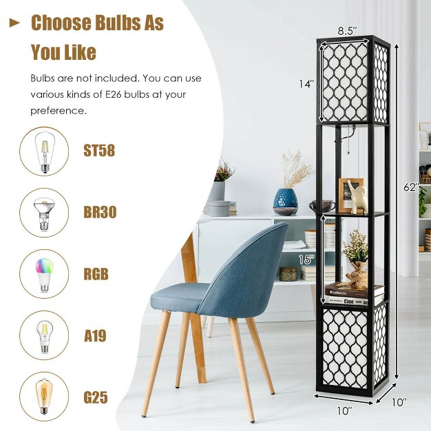 Tangkula Modern Shelf Floor Lamp Freestanding Double Lamp W 2 tier Wood Shelf amp White Lampshade E26 Bulb Base Pull Chain amp Foot Switch