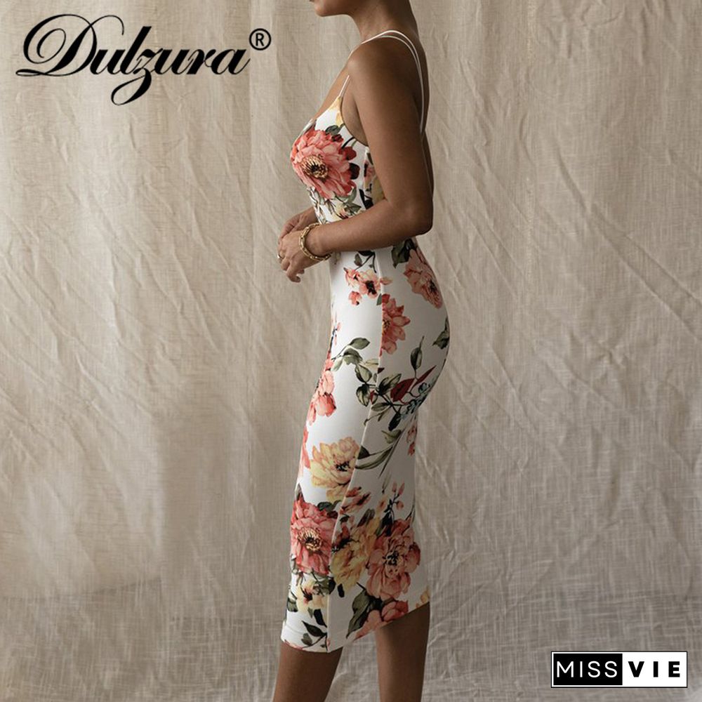 Dulzura Flower Print Women Strap Midi Dress Bodycon Sexy Streetwear Party Club Elegant Vintage Summer Clothes Fashion