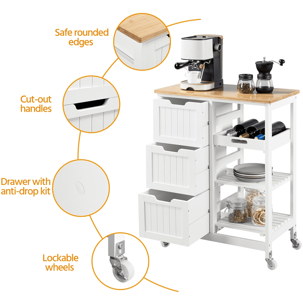 SmileMart 33 H Kitchen Storage Serving Cart for Kitchen Dining Room Bar， White