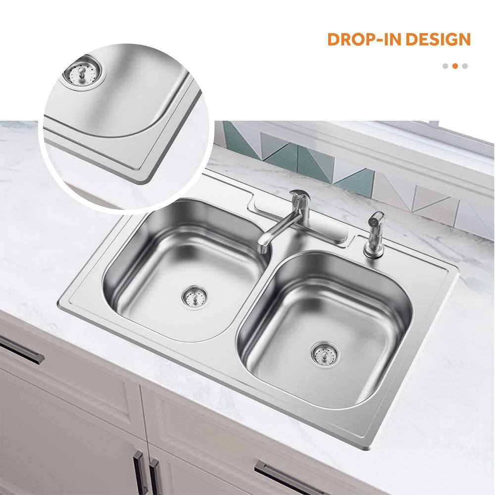 Glacier Bay 33 in. All-in-One Drop-In Stainless Steel 4-Hole Double Bowl Kitchen Sink with Faucet and Sprayer VT3322A08SHA1-2