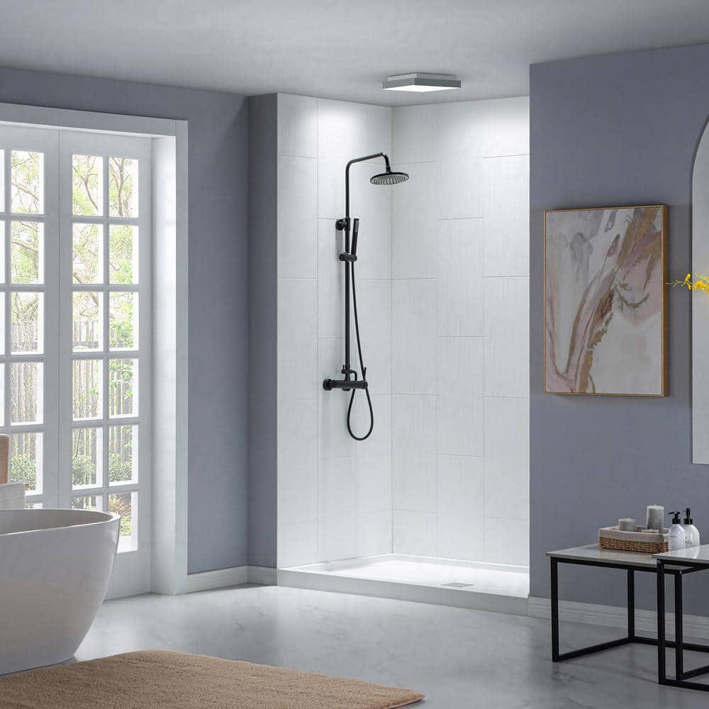 WOODBRIDGE 48 in x 32 in Solid Surface Single Threshold Center Drain Shower Pan with Stainless Steel Linear Cover in White