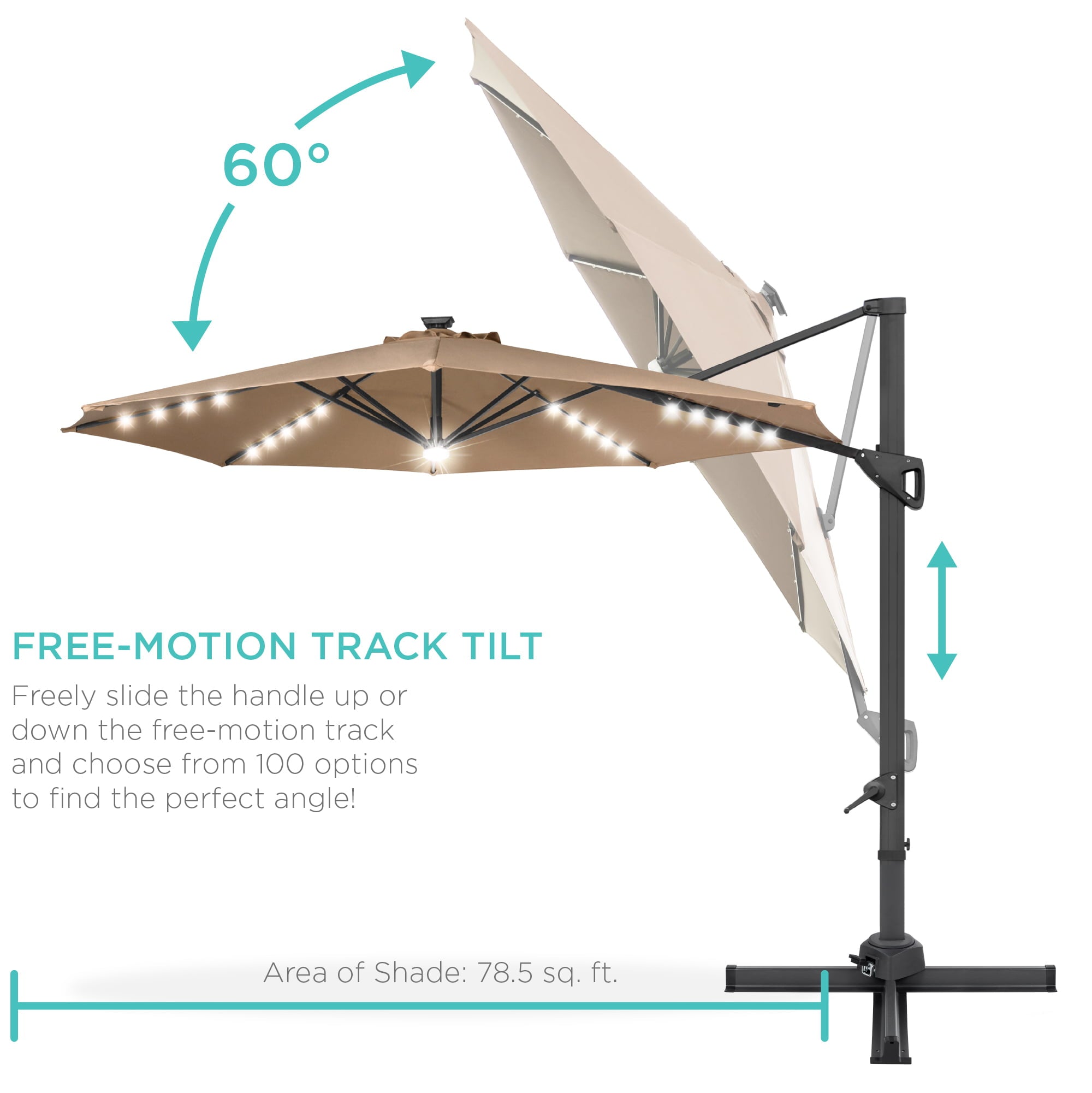 Best Choice Products 10ft 360-Degree Solar LED Cantilever Patio Umbrella， Outdoor Hanging Shade w/ Lights - Tan