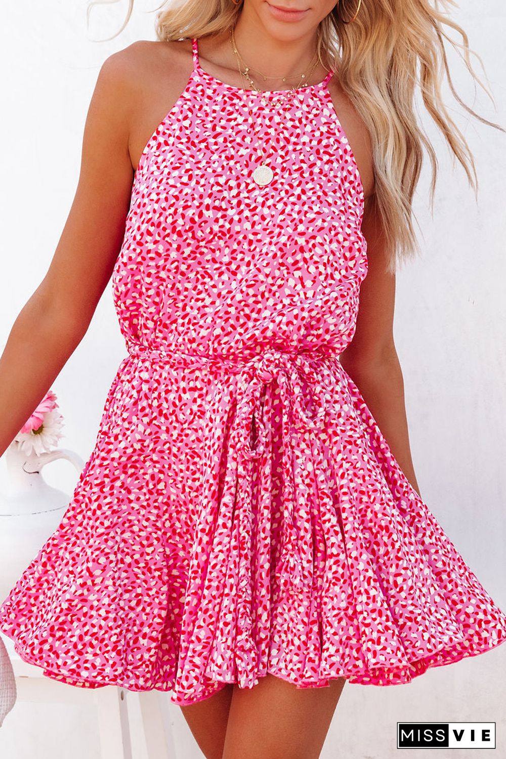 Pink Leopard Print Sleeveless Mini Dress with Waist Tie