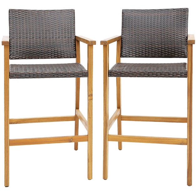 Costway 2pcs 4pcs Patio Pe Wicker Bar Chairs Height Barstools With Acacia Wood Armrests Balcony