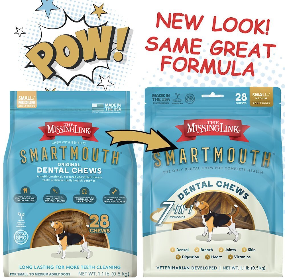 The Missing Link Smartmouth Dental Chews for Small and Medium Dogs， over 15 lbs