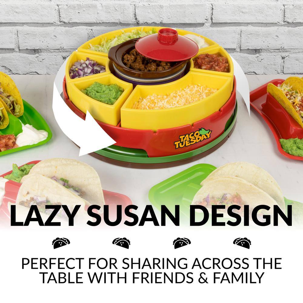 TACO TUESDAY Taco Tuesday Red Heated Lazy Susan Toppings Bar 20-Oz. Warming Pot With 4 Tortilla Holders TTLSTB10