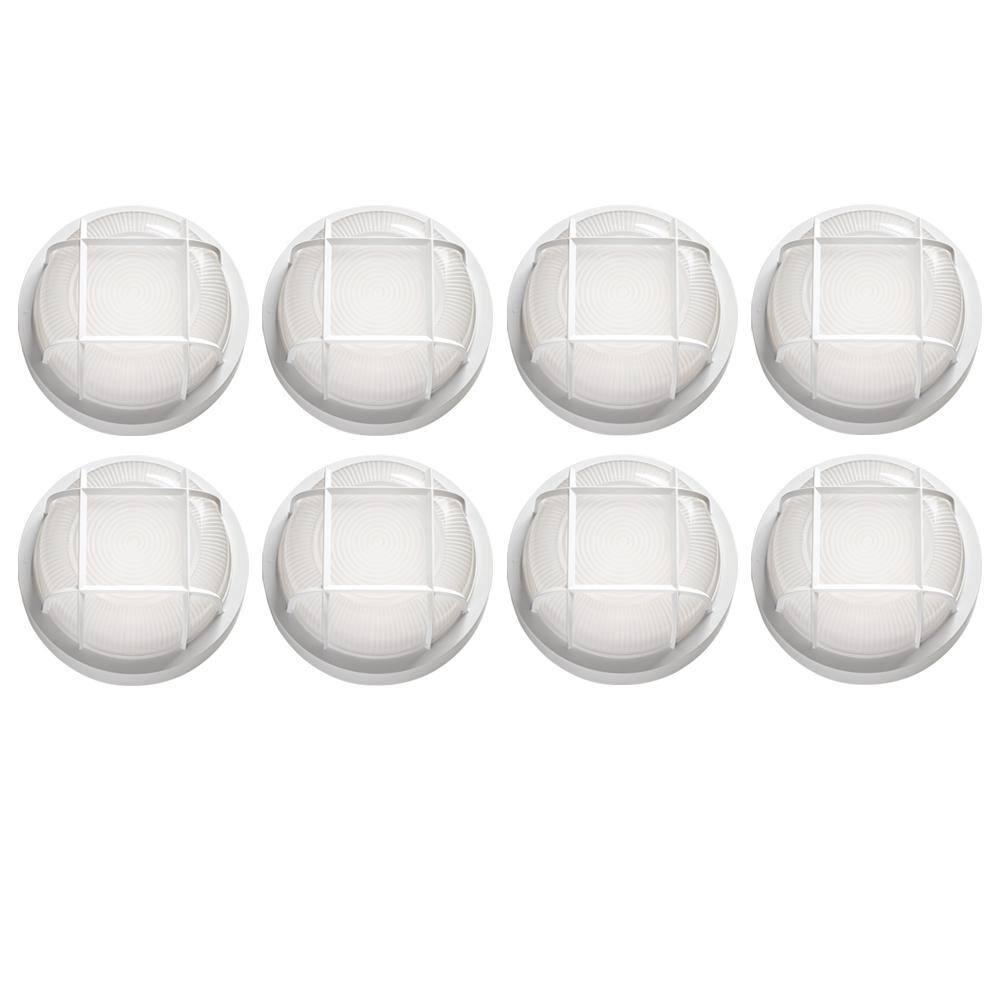 Hampton Bay Nautical Round White LED Outdoor Bulkhead Light Frost Glass Lens Corrosion Weather Resistant Non-Metallic Base (8-Pack) 504081010-8PK