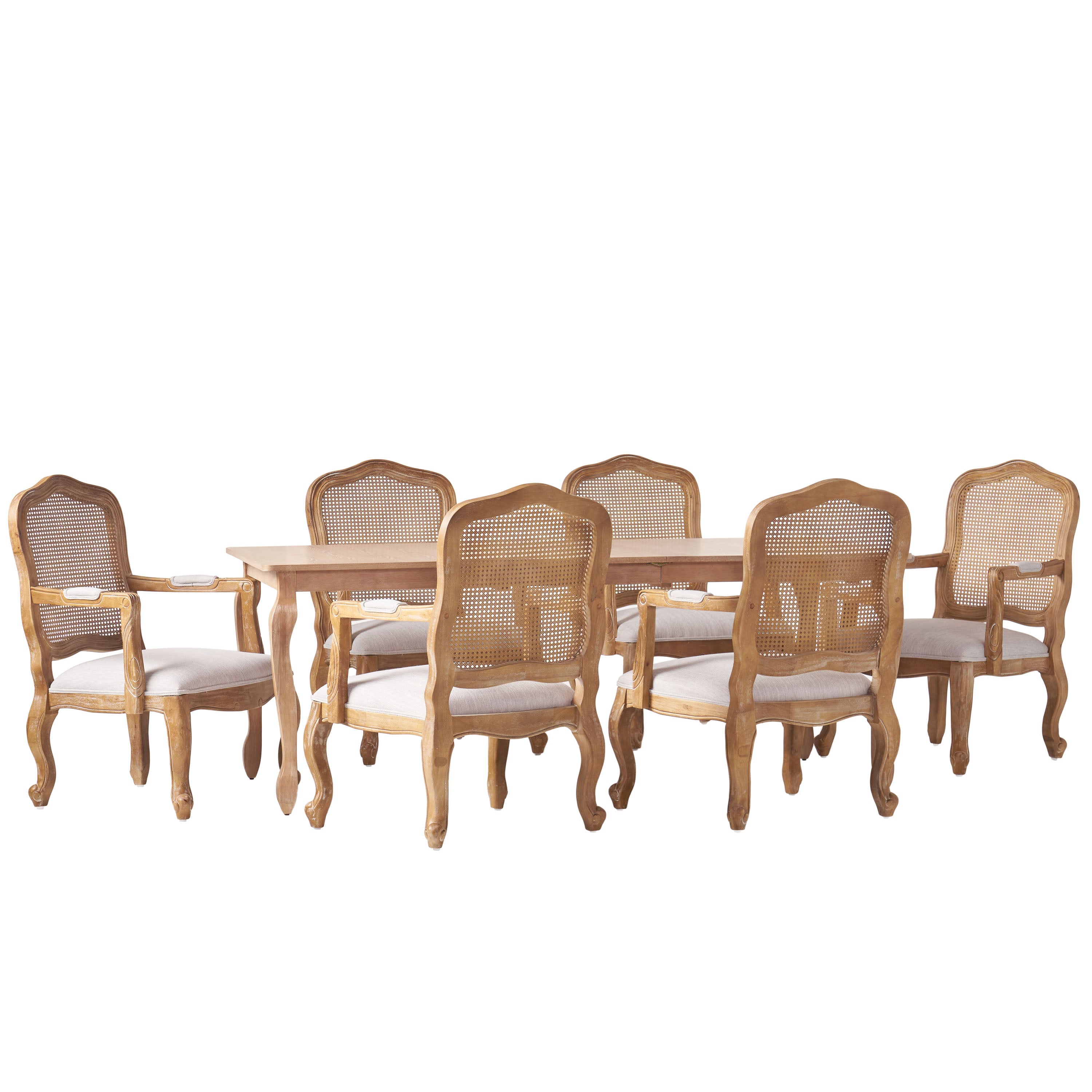 Bonview French Country Fabric Upholstered Wood and Cane Expandable 7 Piece Dining Set